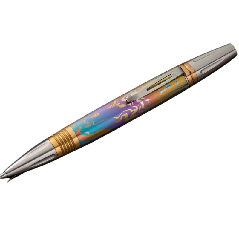 William Henry Caribe pen features a barrel sculpted and hand-finished from stylish patterned and anodized titanium  blue and gold color